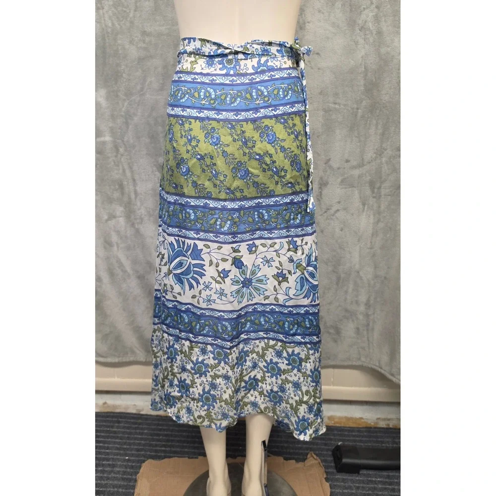 Vintage Silk Floral Wrap Maxi Skirt Blue Green Boho One Size Miss June